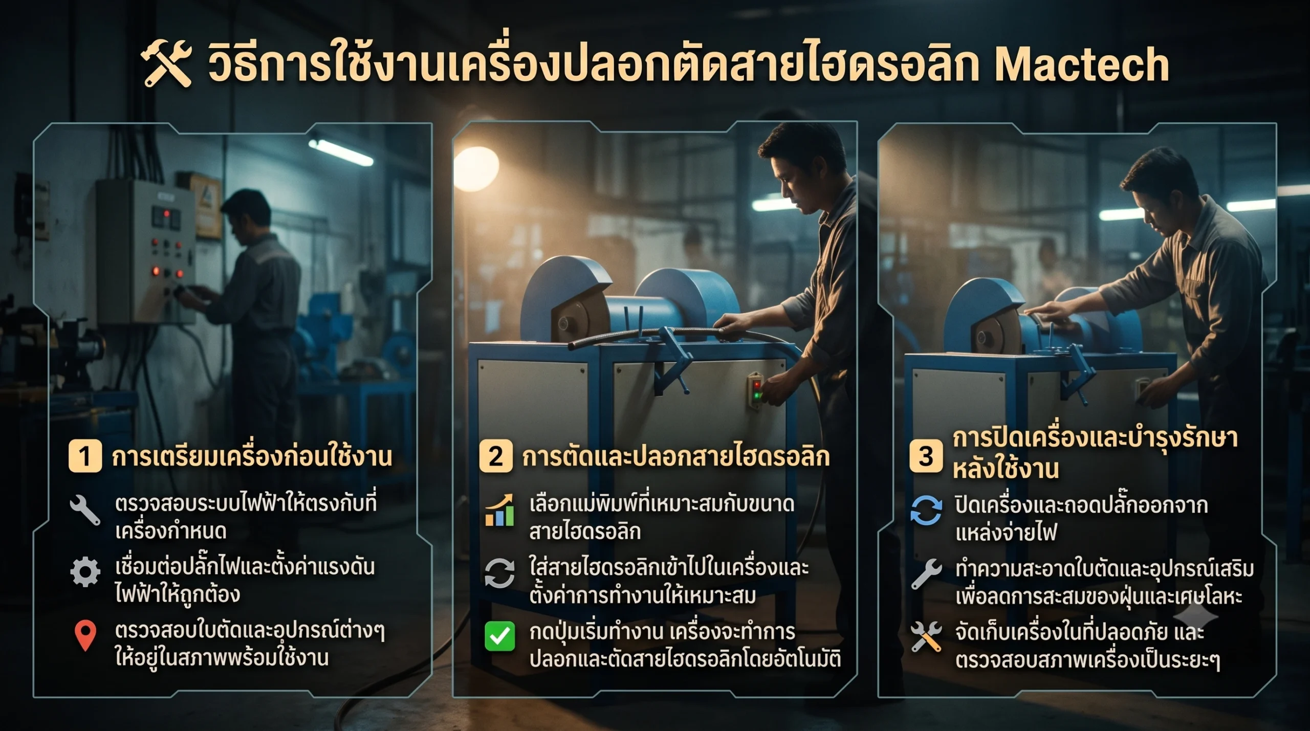 วิธีการใช้งานเครื่องปลอกตัดสายไฮดรอลิค Mactech