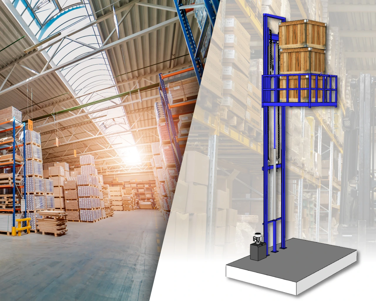 ลิฟท์ขนของ1ตัน 2เสาติดผนัง Mactech