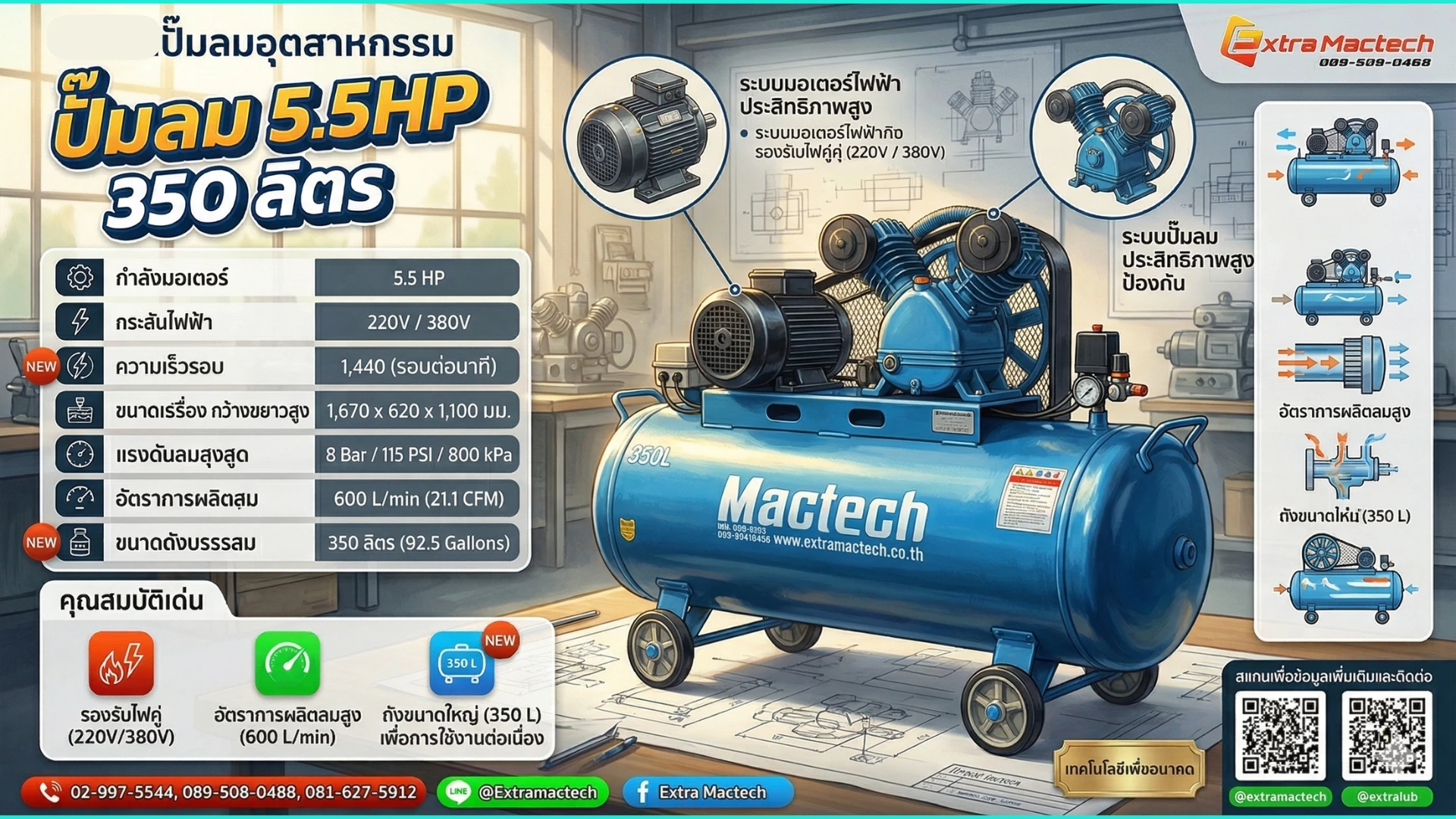 ปั๊มลมลูกสูบ 5.5HP 350 L