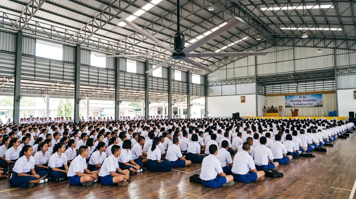 พัดลมยักษ์ติดตั้งในหอประชุมโรงเรียน นักเรียนนั่งเป็นแถวระหว่างกิจกรรม