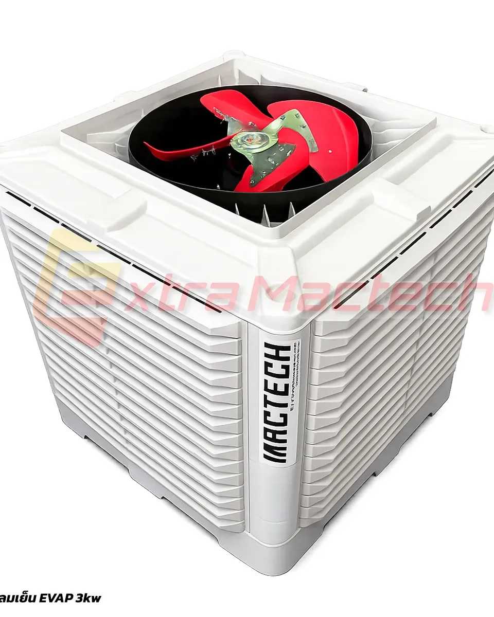โครงสร้างตัวถังและมอเตอร์พัดลมไอเย็นอุตสาหกรรม 3KW Mactech แสดงป้าย MACTECH และใบพัดด้านบน