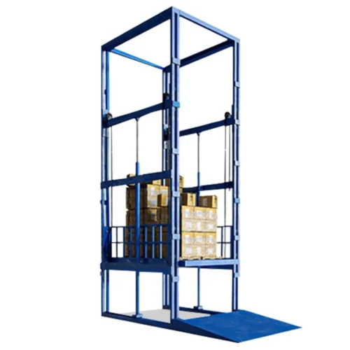 ลิฟท์ขนของ 4 เสา 2 ตัน Mactech พร้อมพาเลทสินค้าและทางลาด ลิฟท์ขนของ 4 เสา 2 ตัน Mactech ยกพาเลทสินค้าพร้อมทางลาดขึ้นลง