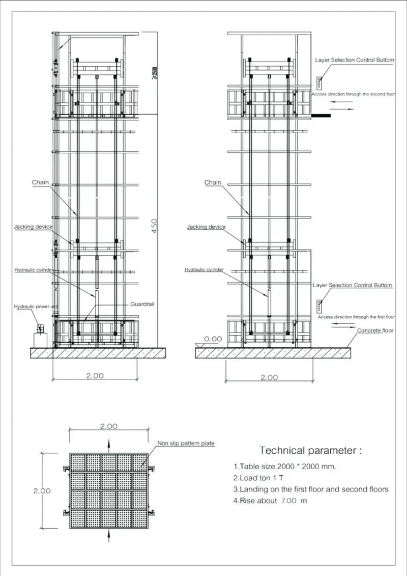 แบบเทคนิคขนาดลิฟท์ขนของ 4 เสา 1 ตัน Mactech แพลตฟอร์ม 2x2 เมตร ยกสูง 4.5 เมตร