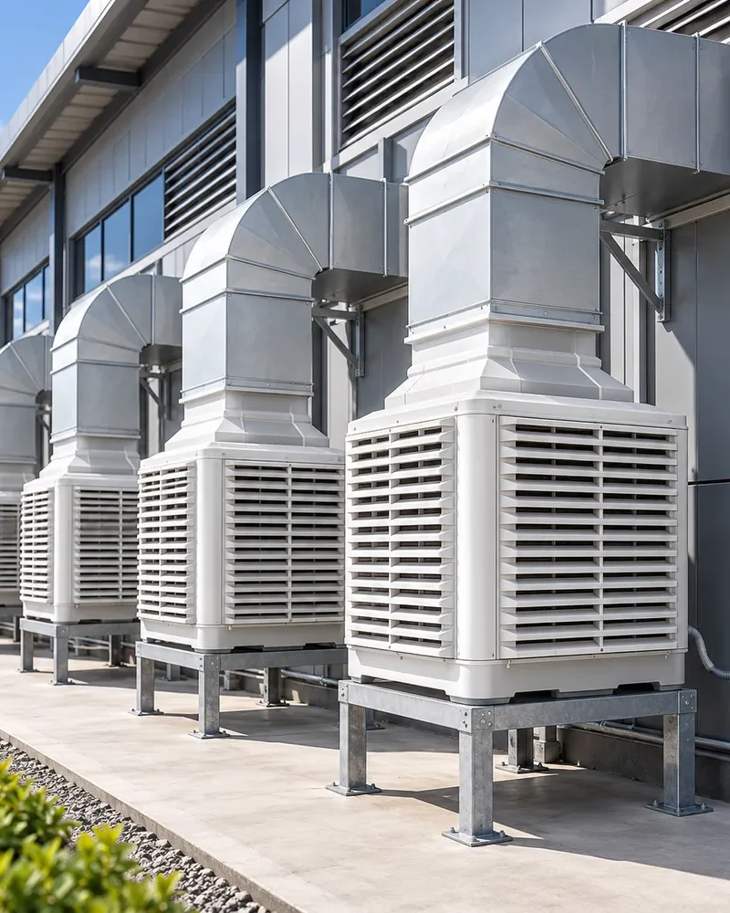 พัดลมไอเย็นอุตสาหกรรม (Evap Fan) Mactech ติดตั้งหน้าโรงงานพร้อมปล่องลมงอ