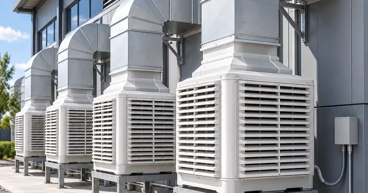 พัดลมไอเย็นอุตสาหกรรม (Evap Fan) Mactech เรียงแถวติดตั้งริมอาคารโรงงาน พร้อมท่อส่งลมเข้าอาคาร