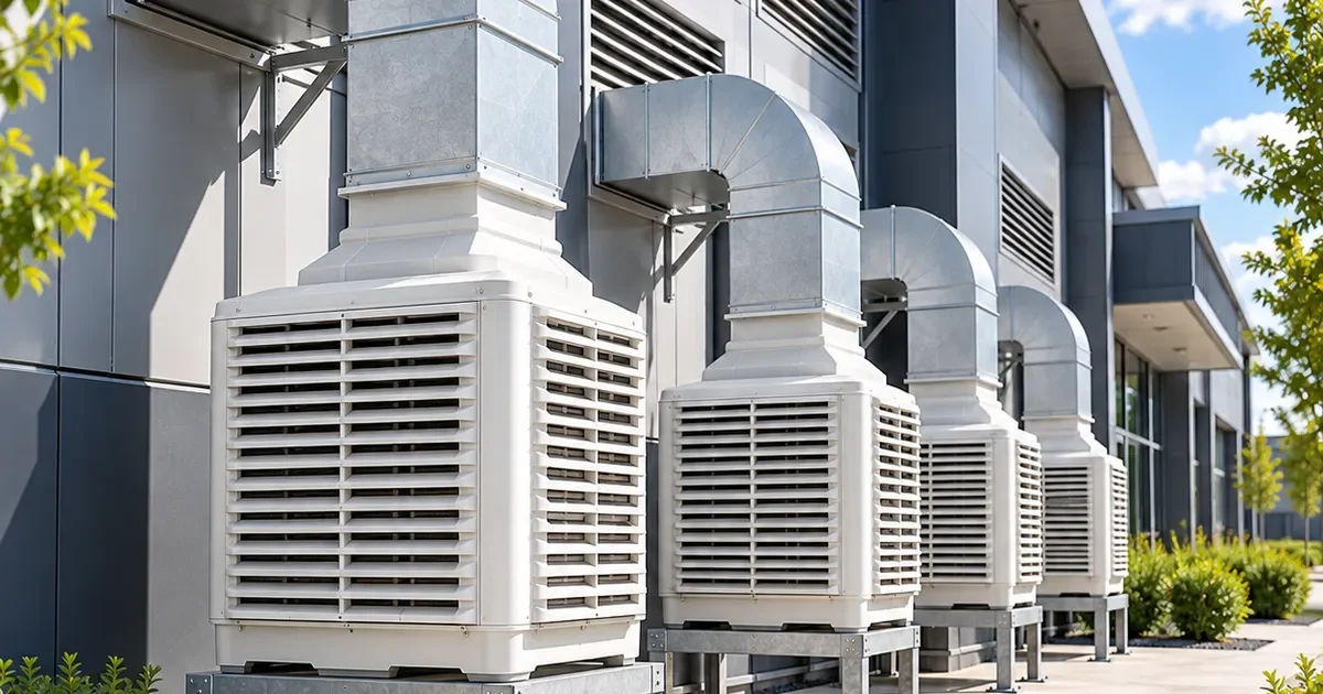 พัดลมไอเย็นอุตสาหกรรม (Evap Fan) Mactech หลายเครื่องติดตั้งเรียงกันข้างอาคารโรงงาน