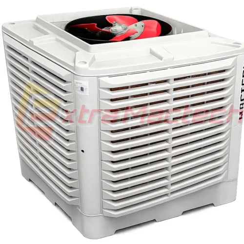 พัดลมไอเย็นอุตสาหกรรม 3KW ระบบอีแวป Mactech มุมมองด้านหน้าเฉียง แสดงใบพัดและช่องลมด้านบน