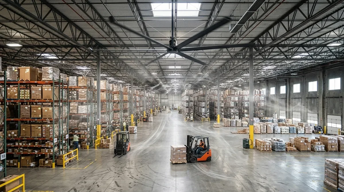 พัดลมยักษ์ HVLS กระจายลมทั่วโกดังสินค้าขนาดใหญ่
