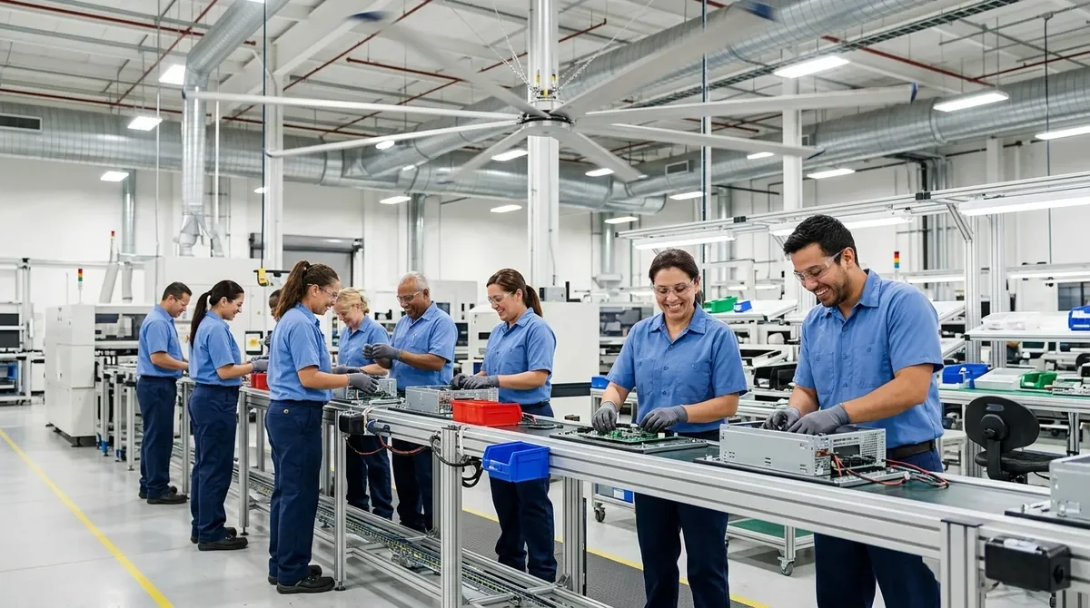 พนักงานโรงงานทำงานสบายใต้พัดลมยักษ์ HVLS