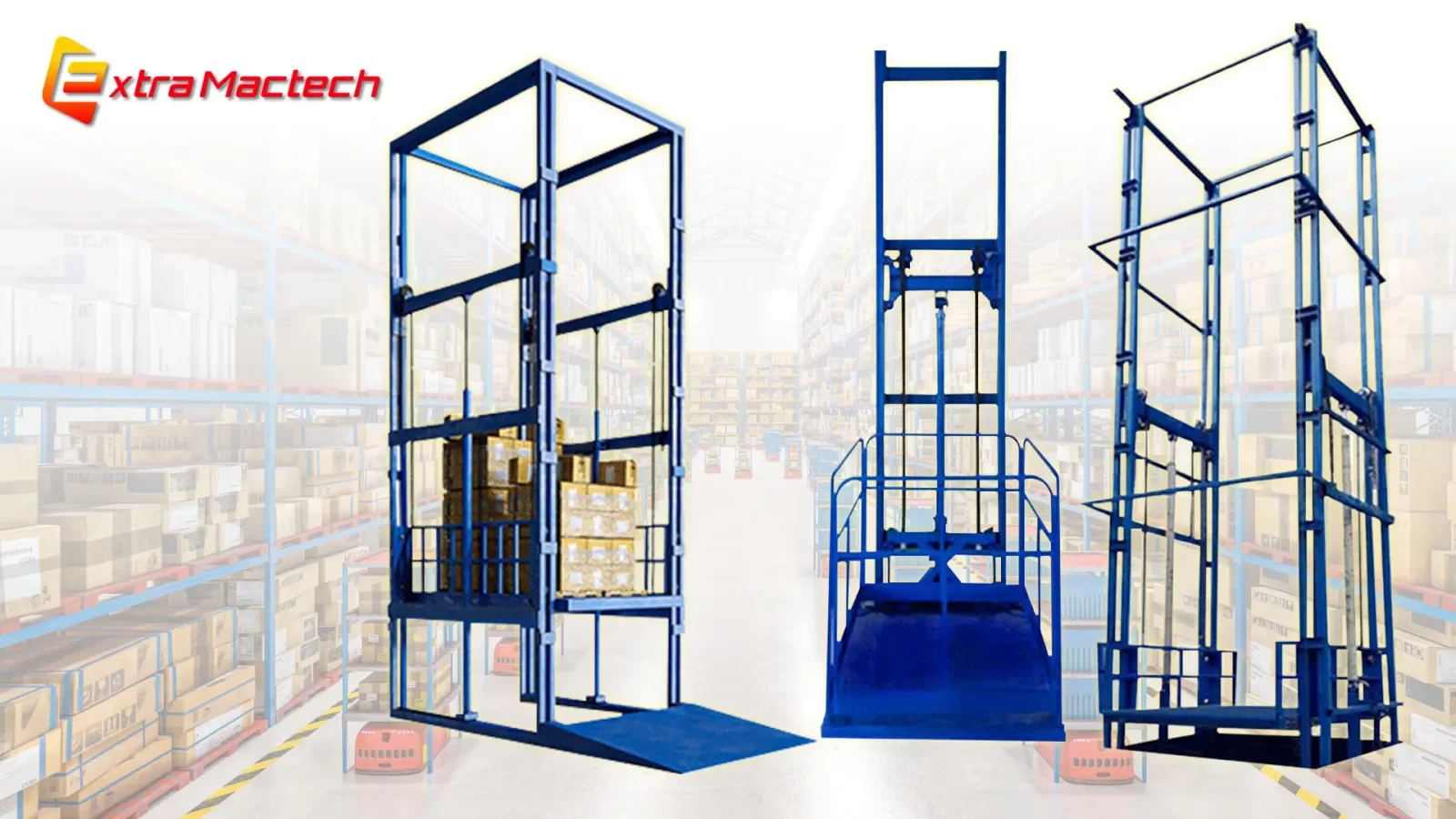 ลิฟท์ขนของ Extra Mactech หลายรุ่นวางเรียงในคลังสินค้า