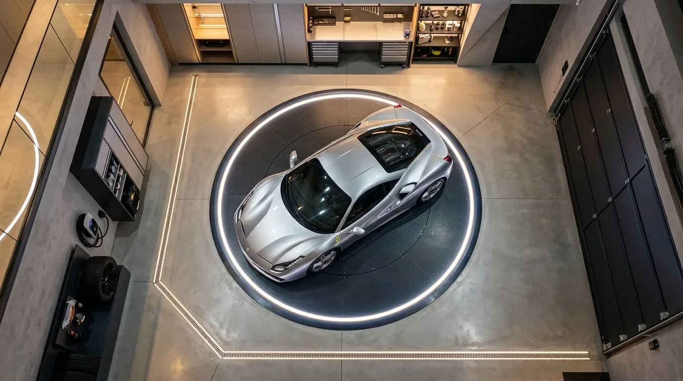 แท่นหมุนรถ Car Turntable ในโรงรถบ้านหมุนรถสปอร์ต