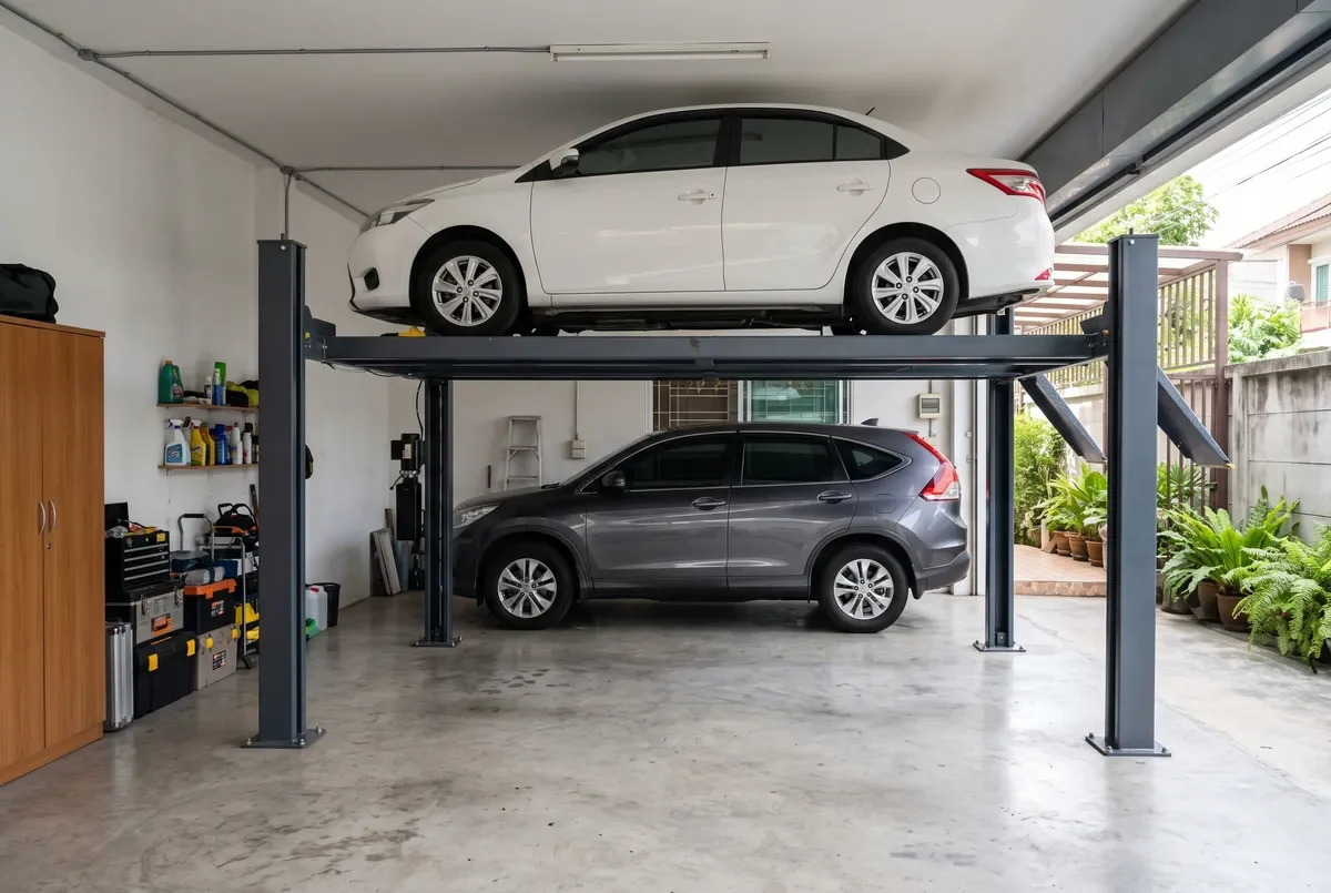 ลิฟต์จอดรถ 4 เสาในโรงจอดรถบ้าน จอดรถได้ 2 คันในพื้นที่เดิม