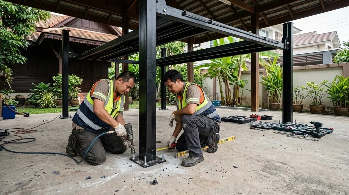 ช่างติดตั้งลิฟต์จอดรถ 4 เสาในโรงจอดรถของบ้าน