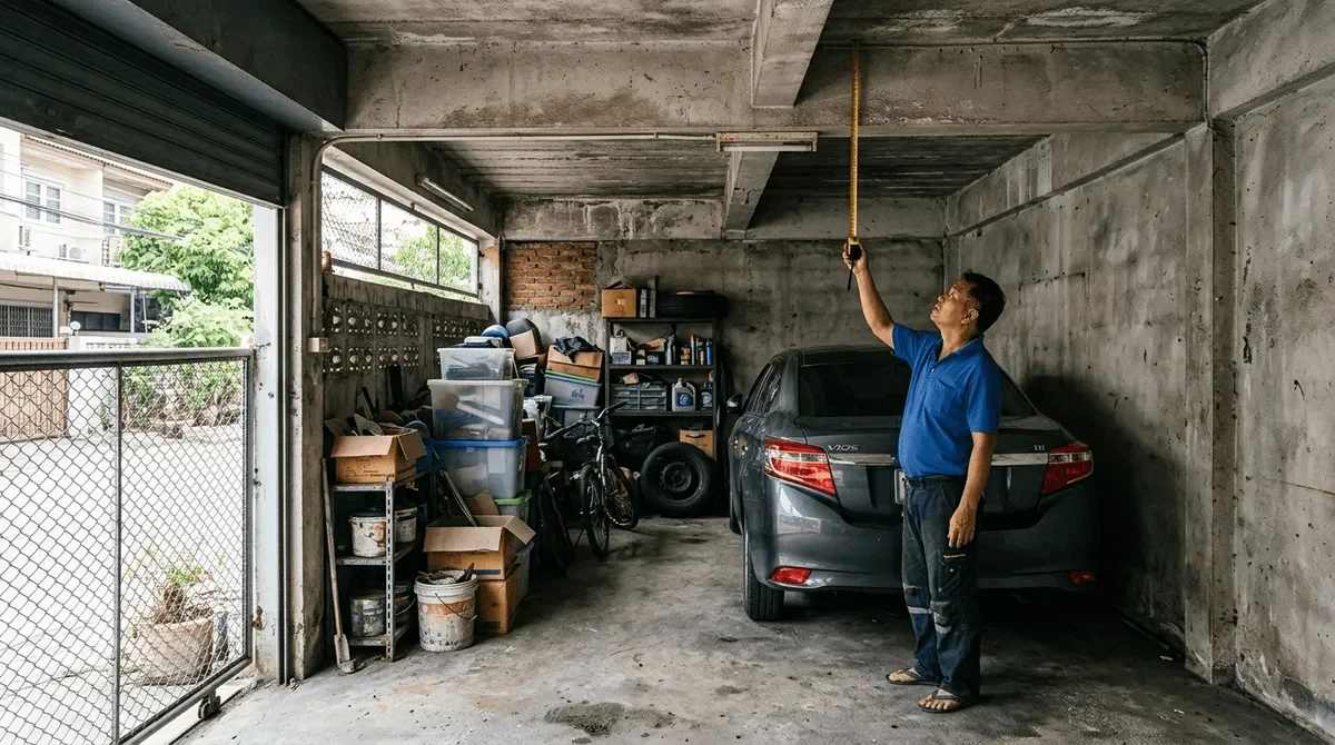 โรงรถเพดานเตี้ยที่จอดรถได้เพียงคันเดียวและมีพื้นที่ว่างเหลือ