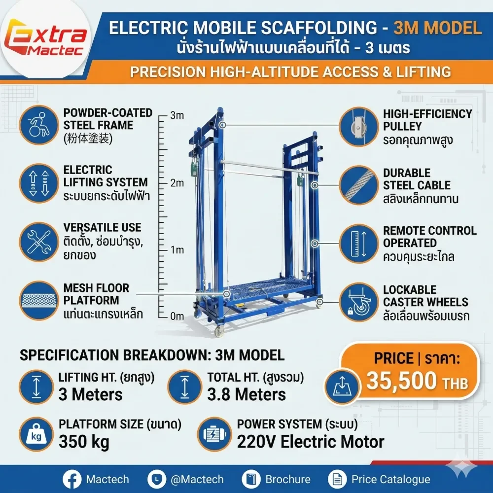 อินโฟกราฟิกสเปกนั่งร้านไฟฟ้า3เมตร Mactech ยกสูง3เมตร สูงรวม3.8เมตร รับน้ำหนัก350กิโลกรัม มอเตอร์ไฟฟ้า220V
