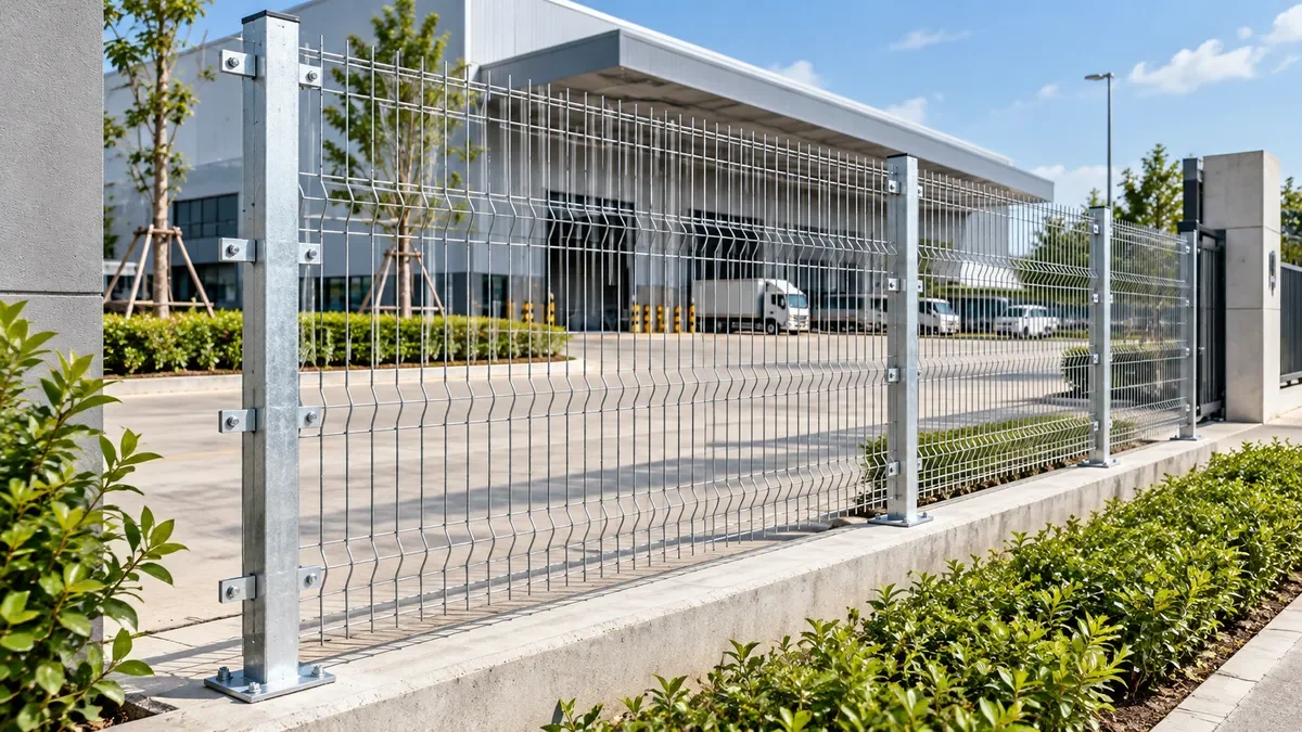 รั้วเหล็กสำเร็จรูป Mactech แนวรั้วหน้าโรงงาน ติดตั้งบนขอบคันหินคอนกรีต แผงรั้วพับขอบ 3D แข็งแรง
