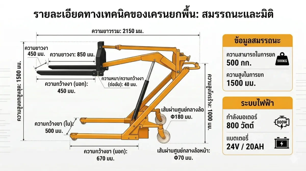 สเปคเครนยกของไฮดรอลิกแบบงา Mactech ยก 500 กก. สูง 1,500 มม. มอเตอร์ 800W แบตเตอรี่ 24V 20Ah ยาวรวม 2,150 มม. งายาว 850 มม.