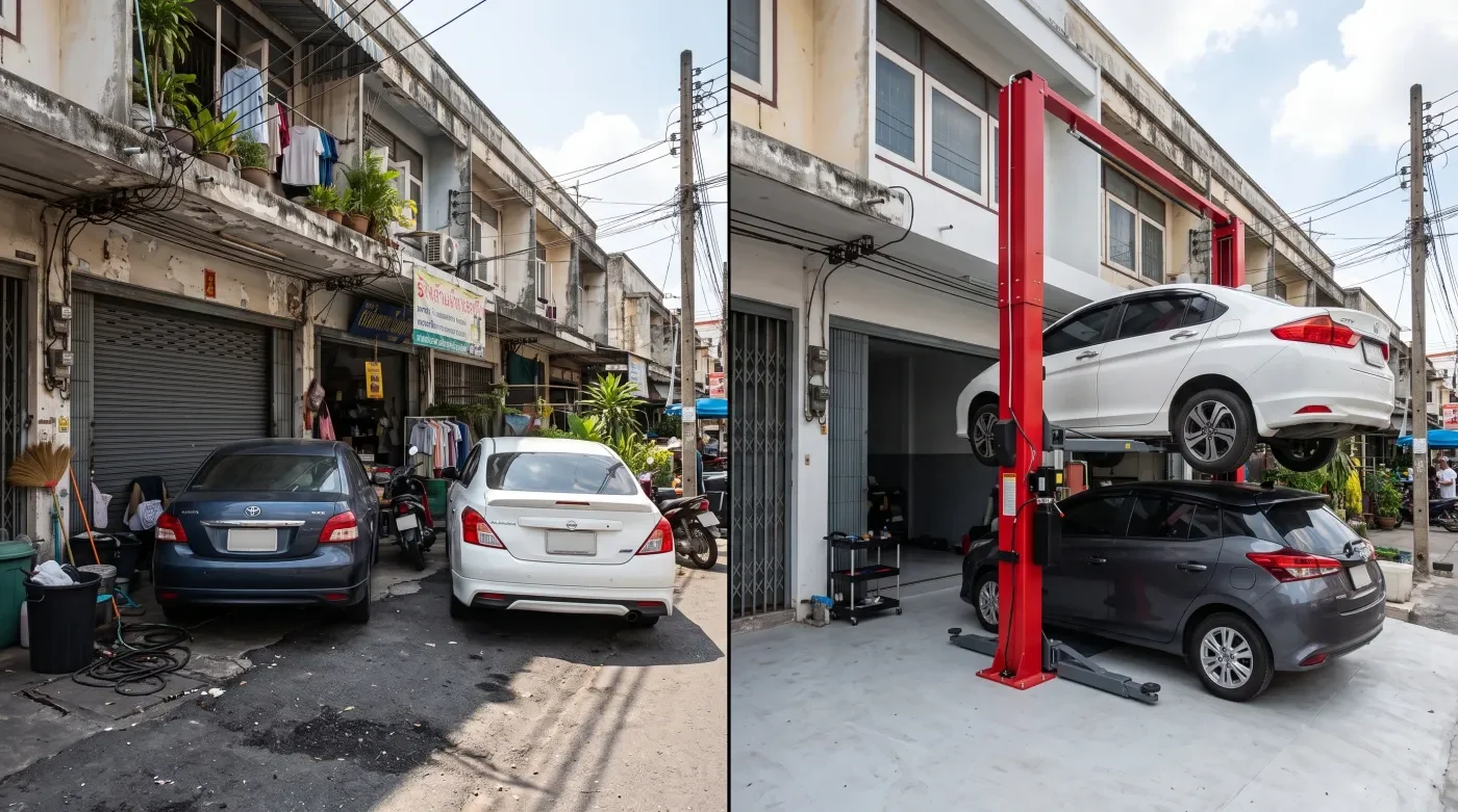 เปรียบเทียบพื้นที่จอดรถก่อนและหลังติดตั้งลิฟต์จอดรถ 2 เสา