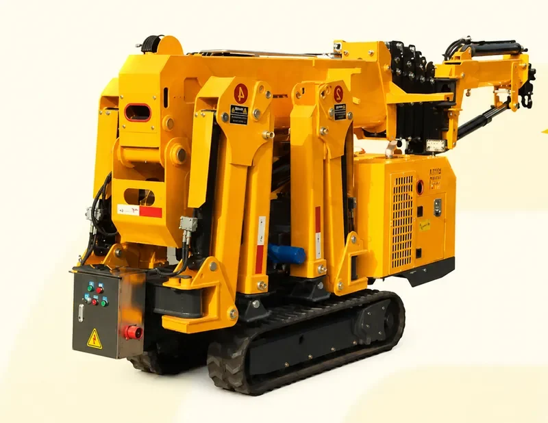 เครนแมงมุม CS-3000 พับเก็บขาและบูม ตัวเครื่องกว้างเพียง 0.8 เมตร เดินด้วยตีนตะขาบผ่านประตูแคบได้