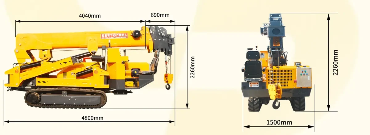 แบบขนาดเครนแมงมุม M-CS-5000 ยาว 4,800 มม. กว้าง 1,500 มม. สูง 2,260 มม. มุมมองด้านข้างและด้านหน้า